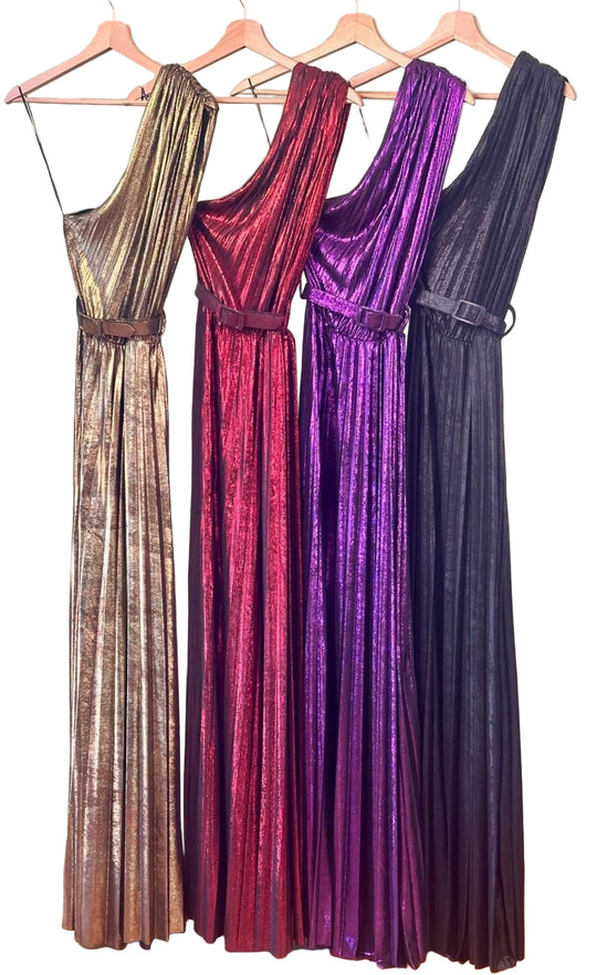 metallic one-shoulder pleated dress in gold, black,purple 
