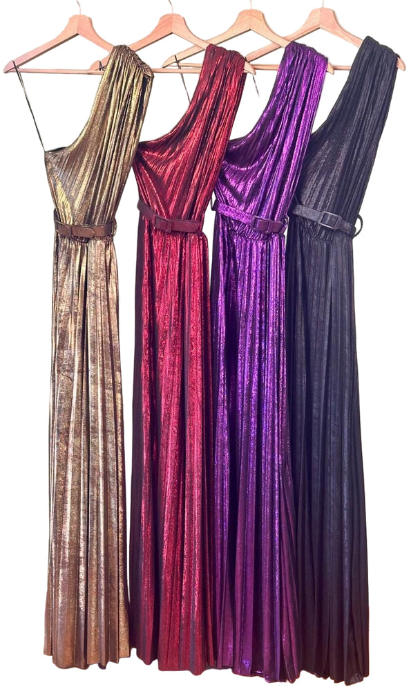 metallic one-shoulder pleated dress in gold, black,purple 